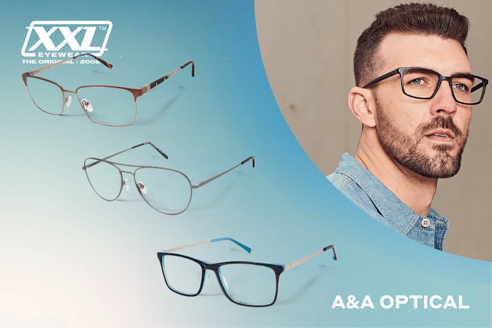 Man showcasing four pairs of XXL Eyeglasses