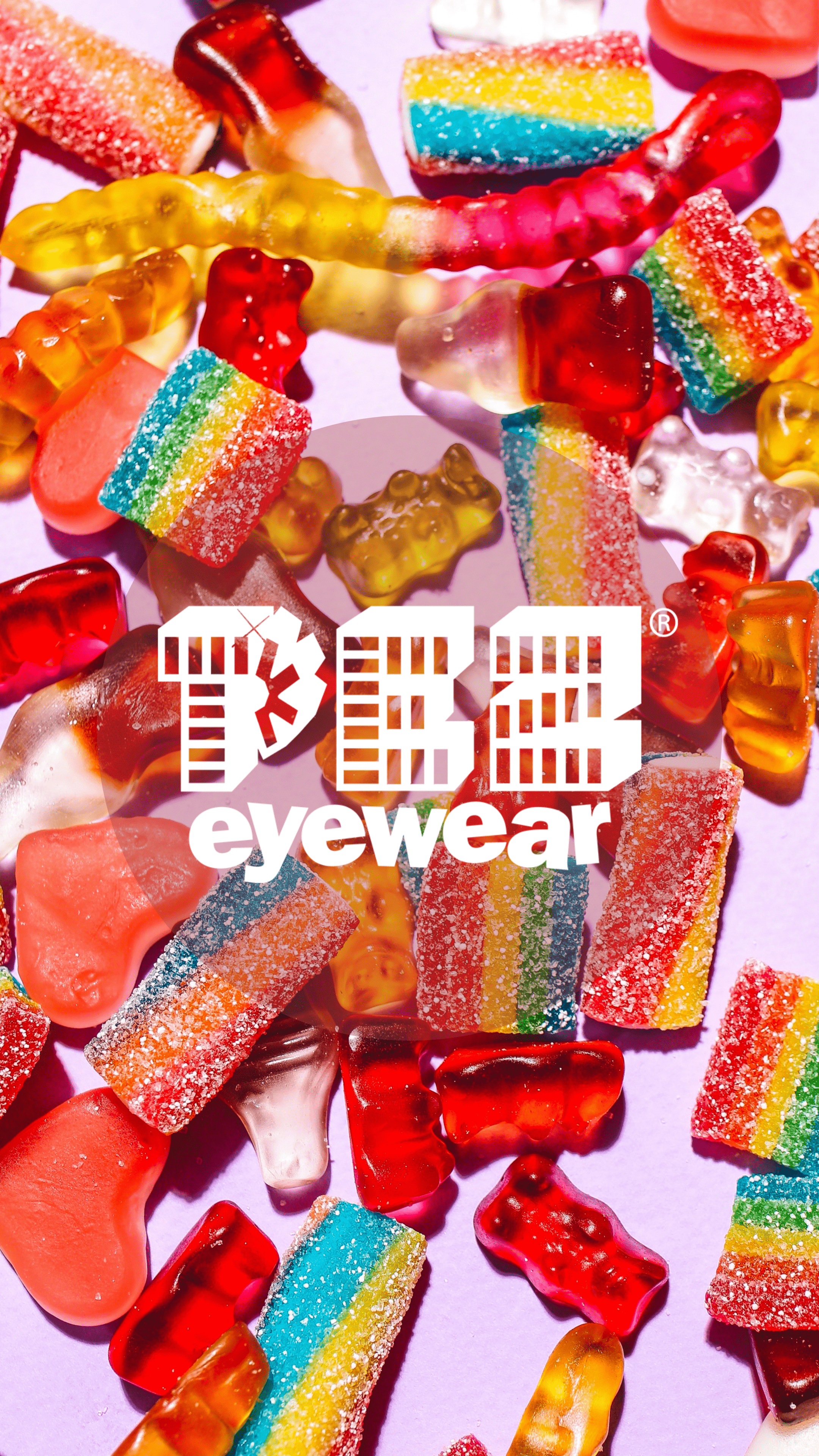 PEZ Eyewear logo on a candy background